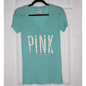 Pink Victoria Secret Light Teal Blue Holographic Love Pink 1986 V Neck Shirt XS